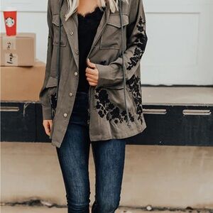 Andree Olive Utility Jacket with Black Floral Design